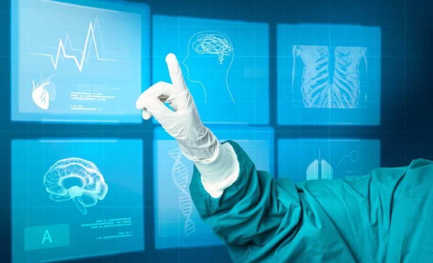 a hand in a medical glove pointing at multiple virtual screens with DNA, brain, heart, and rib cage illustrations
